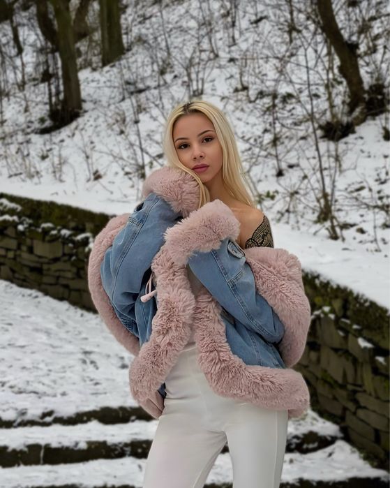 Ново! Дамско палто от еко косъм с дънков дизайн