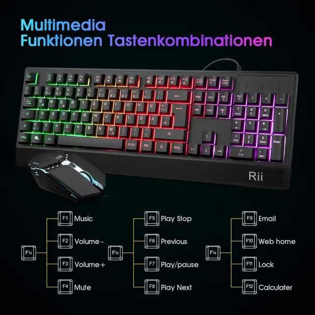 Rii игрова клавиатура и мишка комплект RGB подсветка QWERTZ водоустойчив USB