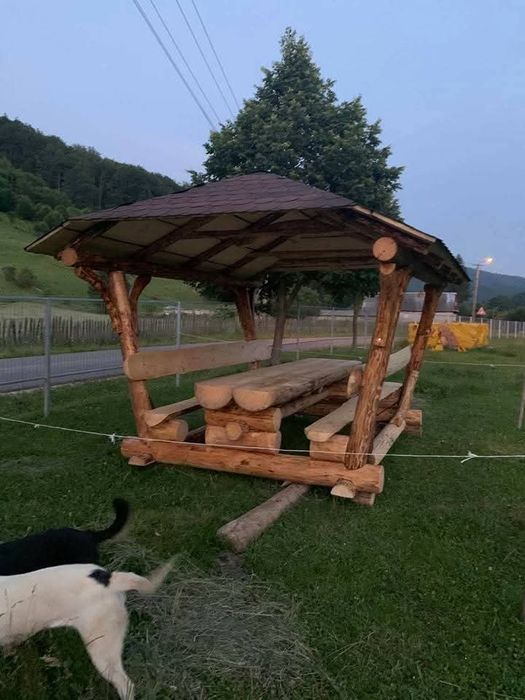Foișor rustic , masă lemn masiv , cușcă câine.