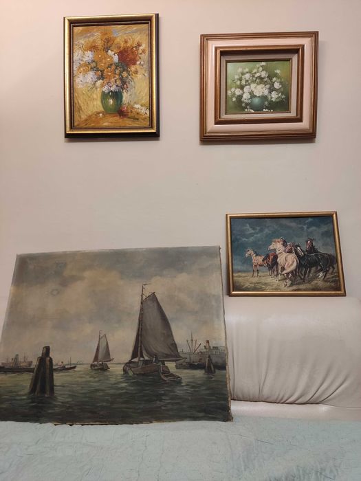 ПРОМО-4бр. маслени картини-натюрморт цветя,морски пейзаж,коне