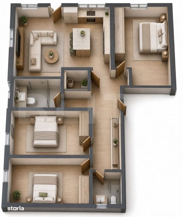 Apartament generos cu 4 camere si doua bai, 90,75 mp