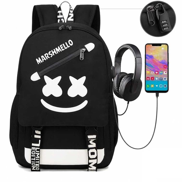 Светеща ученическа раница Marshmello с USB и AUX преходници