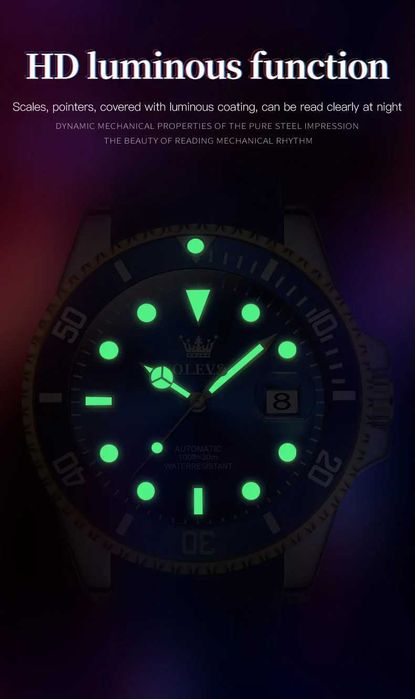 Olevs Автоматик, Скелетон,HD Светещ,Календар, Мултифункционален,3 ATM