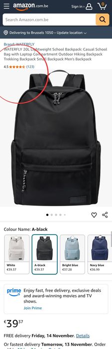 20L Класическа черна раница с отделение за лаптоп до 15.6", WATERFLY