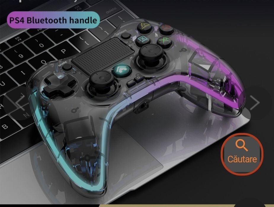 Controller gaming wireless, transparent cu lumini RGB