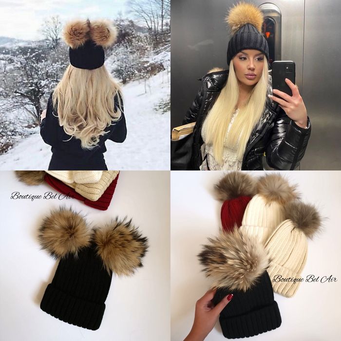 Зимна шапка с помпони от естествен косъм, зимни шапки, естествен пух