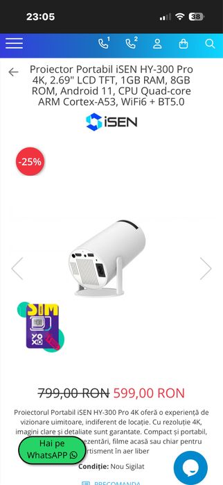 Proiector LCD Portabil iSEN HY-300 Pro 4K, 2.69 LCD TFT, 1GB RAM 8GB ROM  Android 11, CPU Quad core ARM Cortex A53 WiFi6 + BT5.0