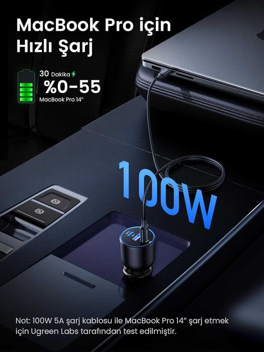 UGREEN авто зарядно USB-C 130W с 3 порта за лаптоп и телефон