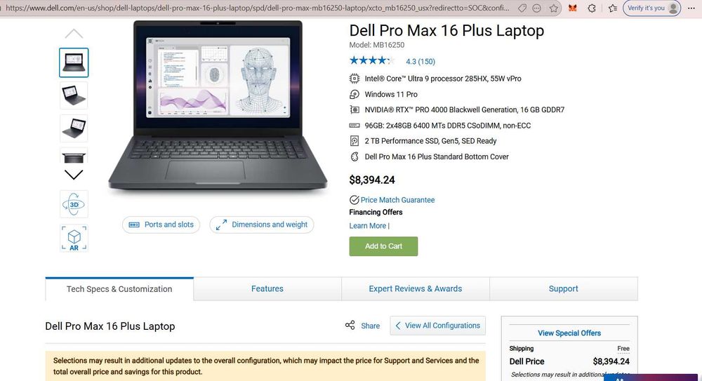 Dell Pro Max 16 Plus NVIDIA RTX PRO 4000 2TB SSD 96GB UHD+500 NITS NOU