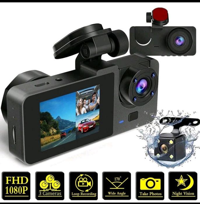 Camera auto de bord triplă cu card FULL HD