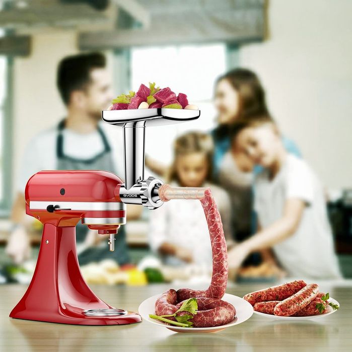 Accesoriu pentru măcinat carne din oțel inoxidabil GVODE pentru KitchenAid, include 3 duze pentru cârnați