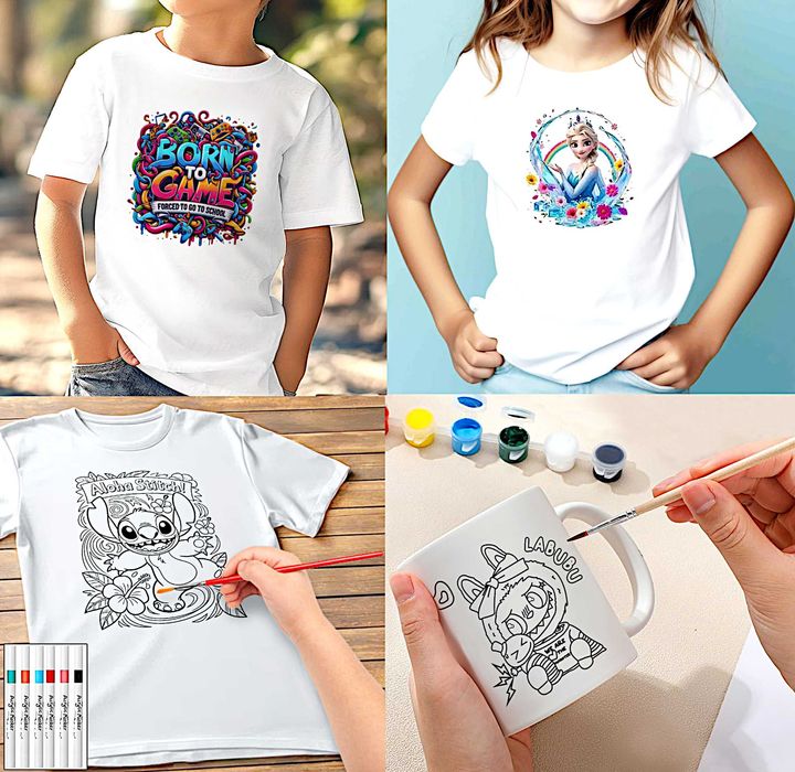 Детски тениски 100% памук,забавни щампи,персонализирани и по Ваша идея;тениски и чаши за оцветяване+боички или маркери