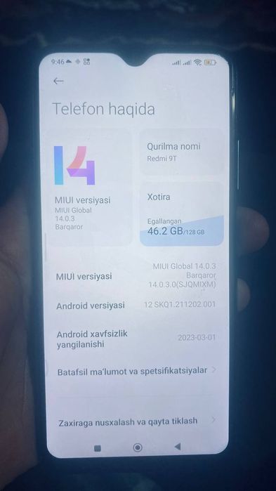 Redmi 9 T 
Redmi 9 T
4 ga 128 xotira 
Karabkasi bor
800 ming abmen ham