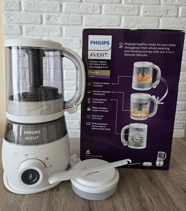 Уред за готвене на пара и блендер 4в1 Philips Avent SCF883/01, контейнер за съхранение 120 мл, връзка с приложения, шпатула