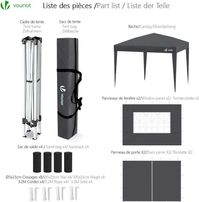 Pavilion pop-up Vounot 3x3m cu pereti laterali , gri