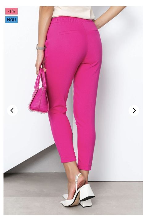 Pantaloni fucsia, model cu buzunare, talie elastica, din bumbac