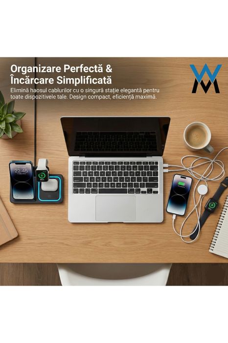Statie Incarcare Wireless 3-in-1 Pliabila Wyred by Monga Qi 15W Negru