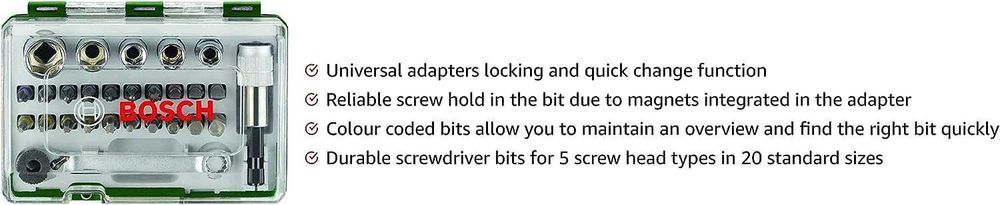 Bosch комплект 27 ч., битове, тресчотка 1/4 инча, накрайници