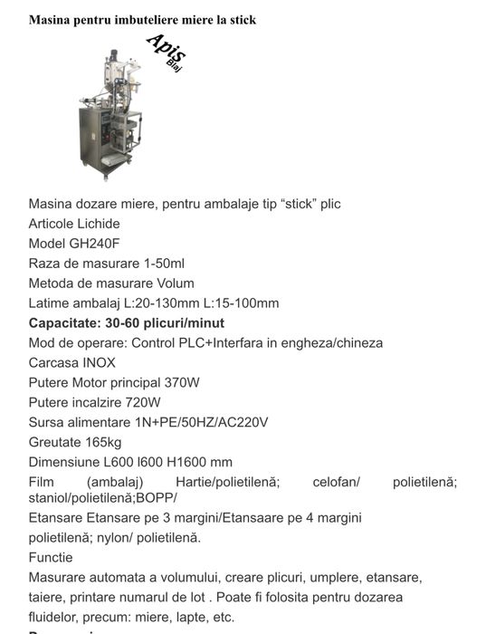 Masina automata de ambalat miere / alte lichide la plic