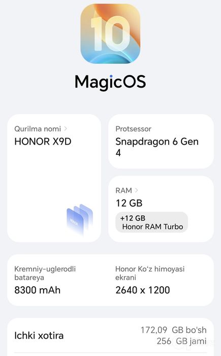Honor X9d holati yaxshi 12/256