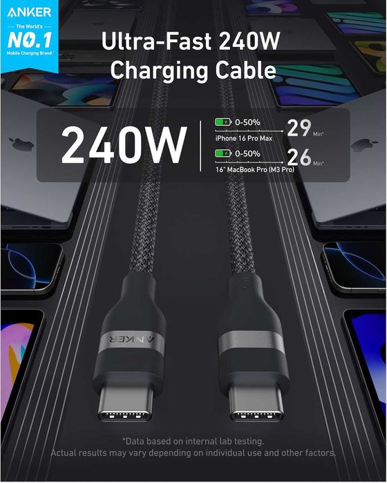Anker Nano Fast Charging 240W USB-C към USB-C кабел,0.9м