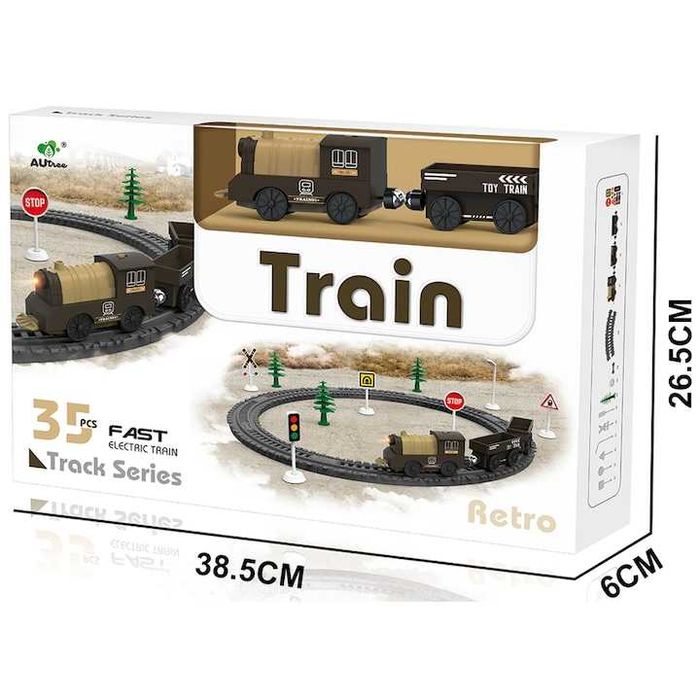 Circuit tren electric cu lumini retro,+3 ani cu accesorii,35 piese,nou