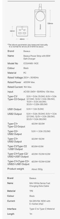 Baseus 65w Gan3 Pro Зарядное устройство для телефона Сетевой фильтр