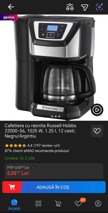 Cafetiera cu rasnita Russell Hobbs 22000-56, 1025 W