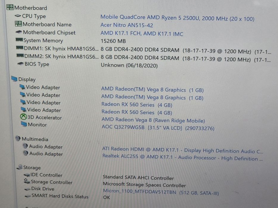 vand laptop jocuri pt monitor-Tv.Acer Nitro.Ryzen 5.16 Gb.RX 560 4GB.Ssd 512 Gb