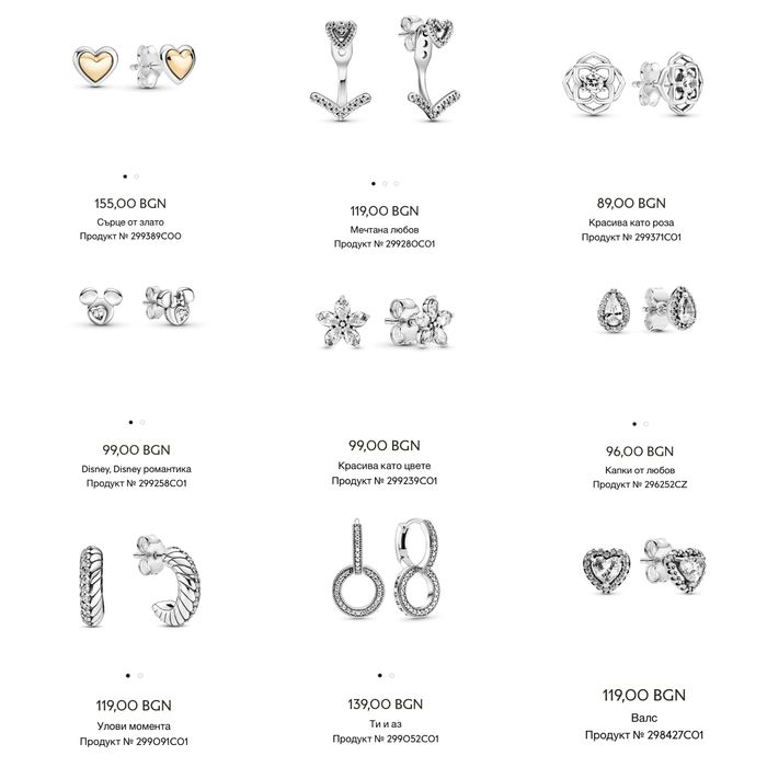 Бижута Пандора Гривни s925 ALE Обеци Пръстени Медальони