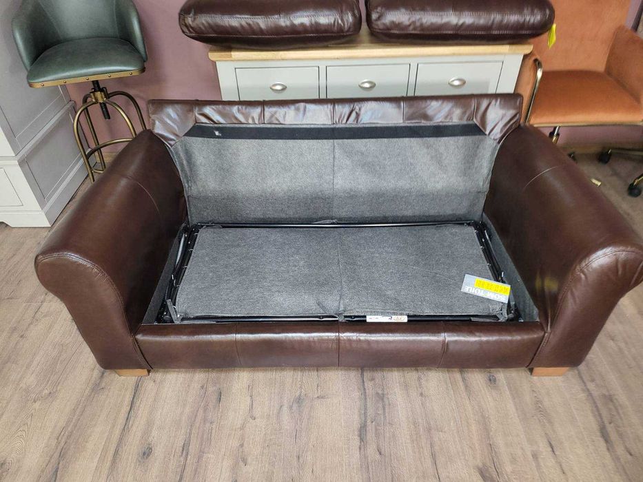 Кафяв кожен комплект дивани четворка и двойка с функция сън