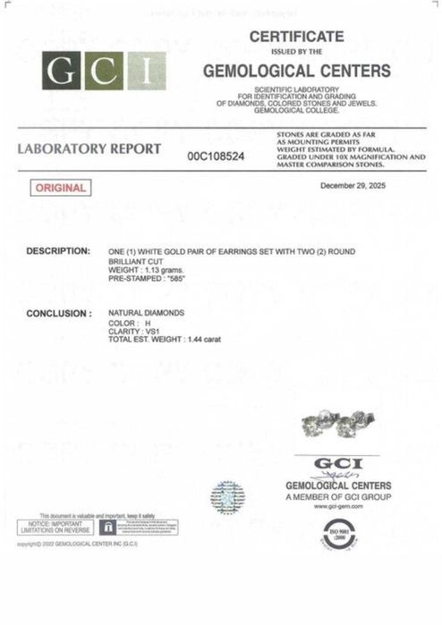 Cercei aur alb 14 k cu diamante naturale 1.44 ct cu certificat