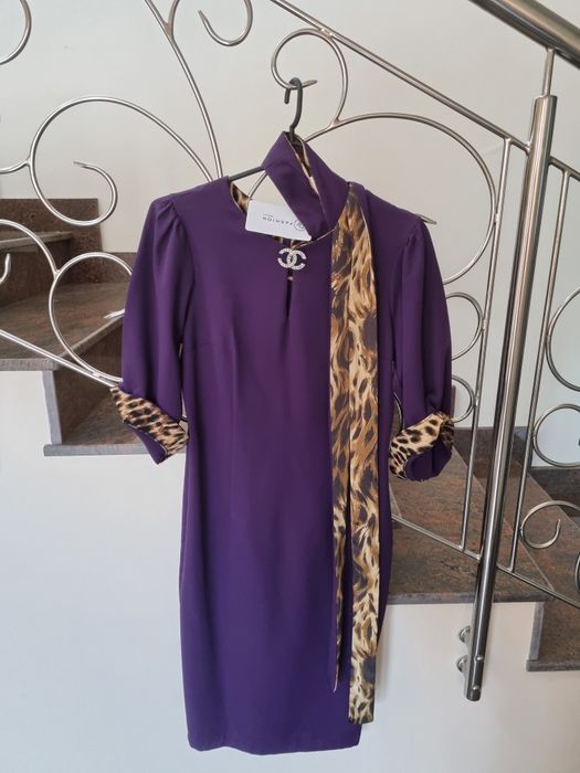 Rochie Dyfashion noua office mov M-L, detalii animal print stil POEMA