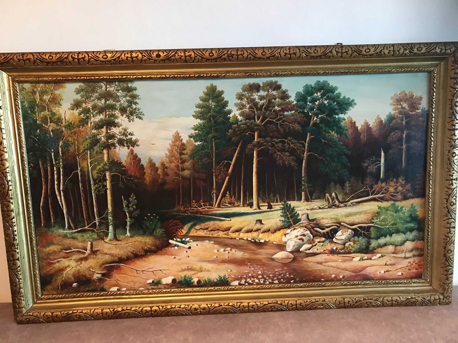 Set 2 tablouri, în ulei – Peisaje de pădure, rame aurii