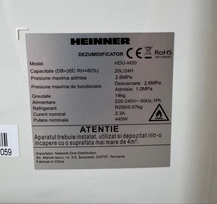 Dezumidificator Heinner HDU-M20, 20L/24h – Folosit foarte puțin, garanție 3 ani
