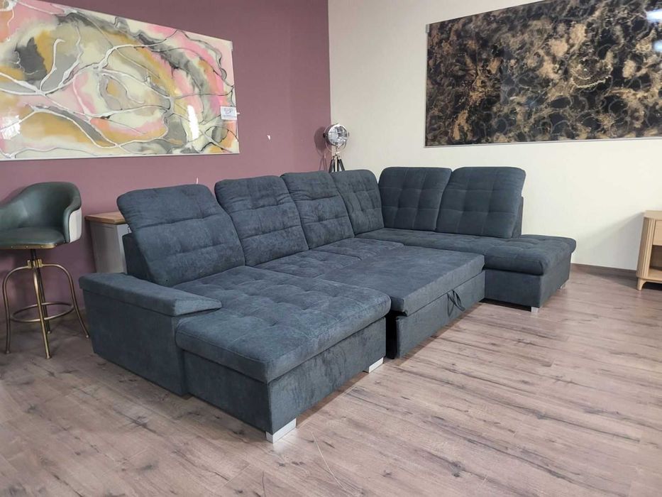 Тъмно сив П - образен ъглов диван Nixon с функция сън