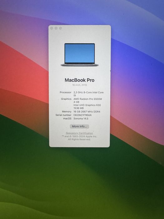 Macbook pro 16 2019 1TB  i9 16gb ram amd radeon pro 5500 4gb