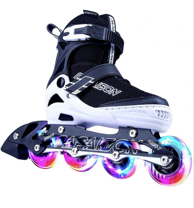 Role reglabile pentru copii si adulti, roti luminoase din silicon, 4 roti in linie, rulmenti ABEC-7, Aluminiu/poliuretan, marimea S 28-32