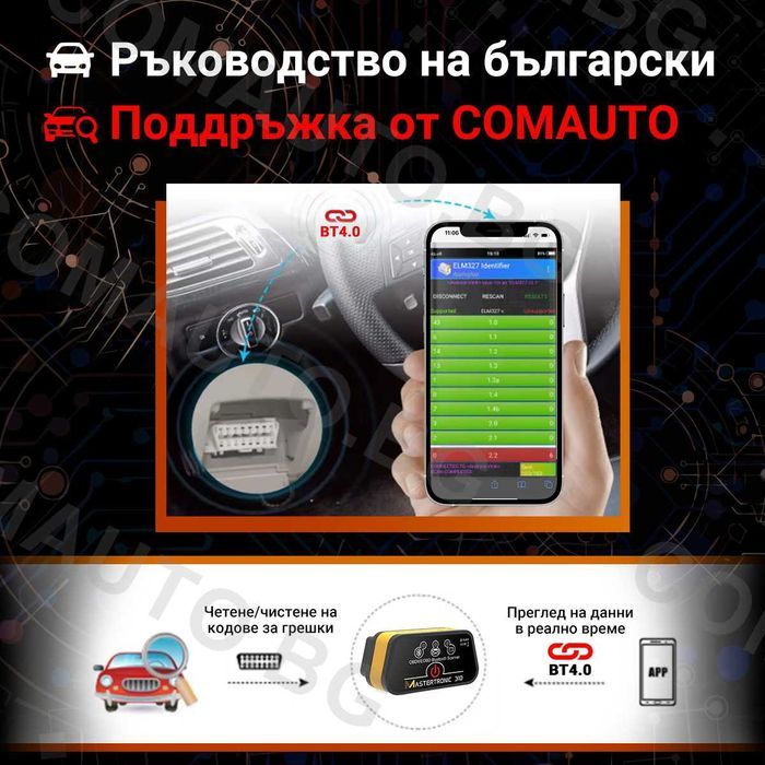 Уред автодиагностика Mastertronic 310, IOS Android BLE 4.0 ELM327