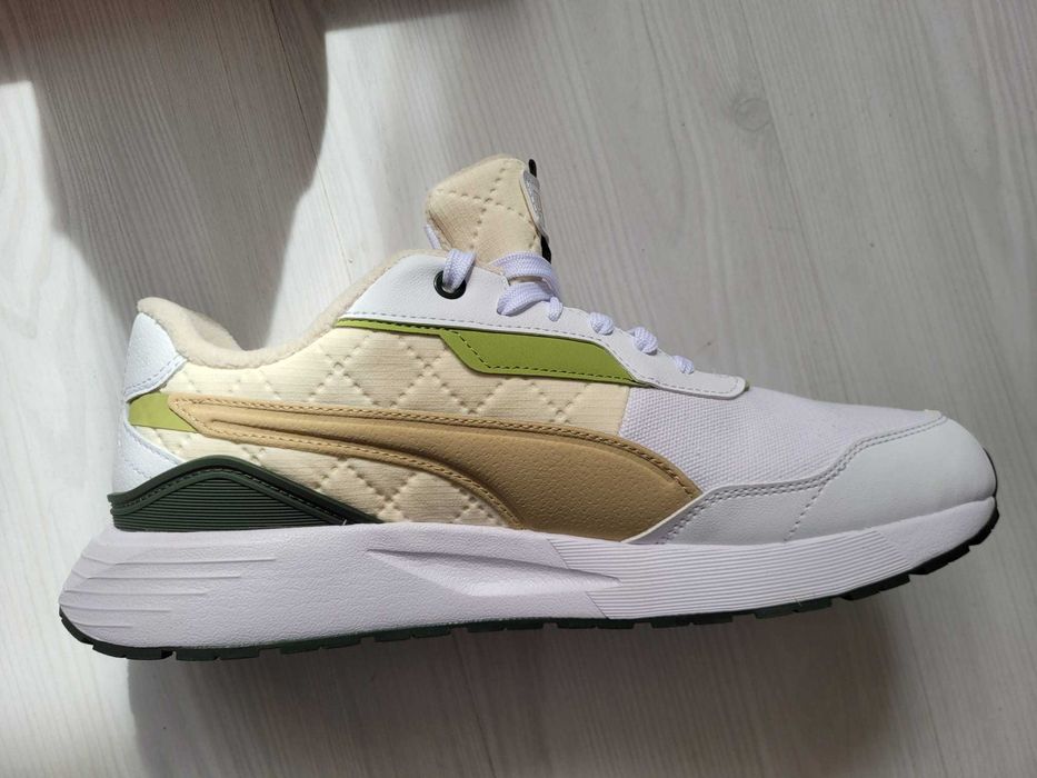 Puma, Pantofi sport low-cut, Alb cu Galben si Kaki, Nr. 44, Nou