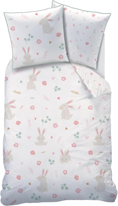 Lenjerie pat copii bumbac 140x200 iepurași Oeko Tex set pilotă pernă