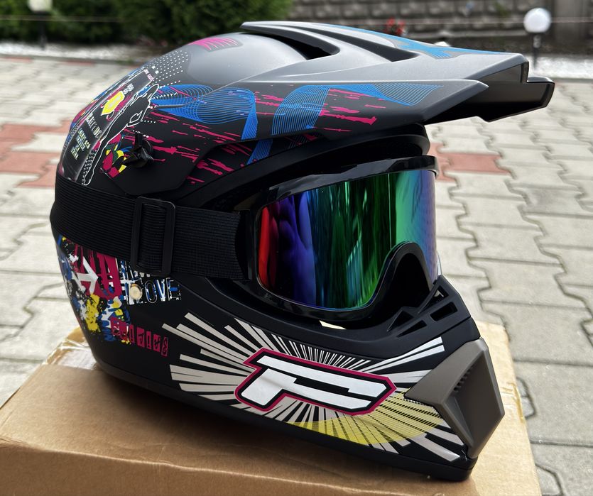 Set Cască Moto Cross/ATV M + Ochelari + Mănuși + Cagulă, Nou, Negru-Galben Mat