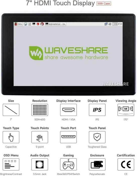 Display Waveshare 7 inch IPS Ecran Tactil Capacitiv 1024x600 Sticla 6H HDMI Audio Monitor Portabil Raspberry Pi Jetson Windows Carcasa Produs Nou