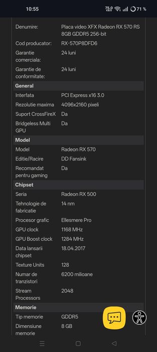 Placa video XFX Radeon RX 570 RS 8GB GDDR5 256-bit