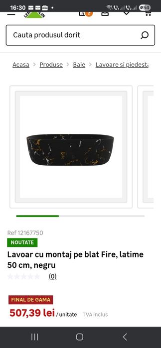 Lavoar cu montaj pe blat Fire, latime 50 cm, negru