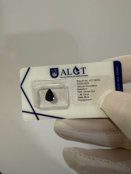 Син Сапфир 1.46кт сертификат и капсула ALGT Белгия корунд