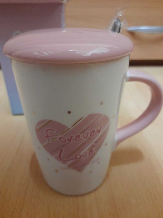 Уникална нова керамична чаша за чай с капаче и лъжичка Forever Love