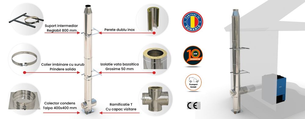 Sistem cos fum inox izolat 50mm, diam int 200 mm , ext 300 mm, H=6M -