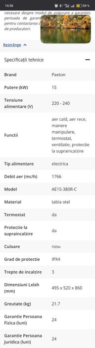 vand aeroterma PAXTON AE15-380R folosita de 2 ori