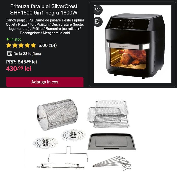 Airfryer friteuza GERMANIA cu rotisor coș cartofi si țepușe 4 Tavi 9 funcții